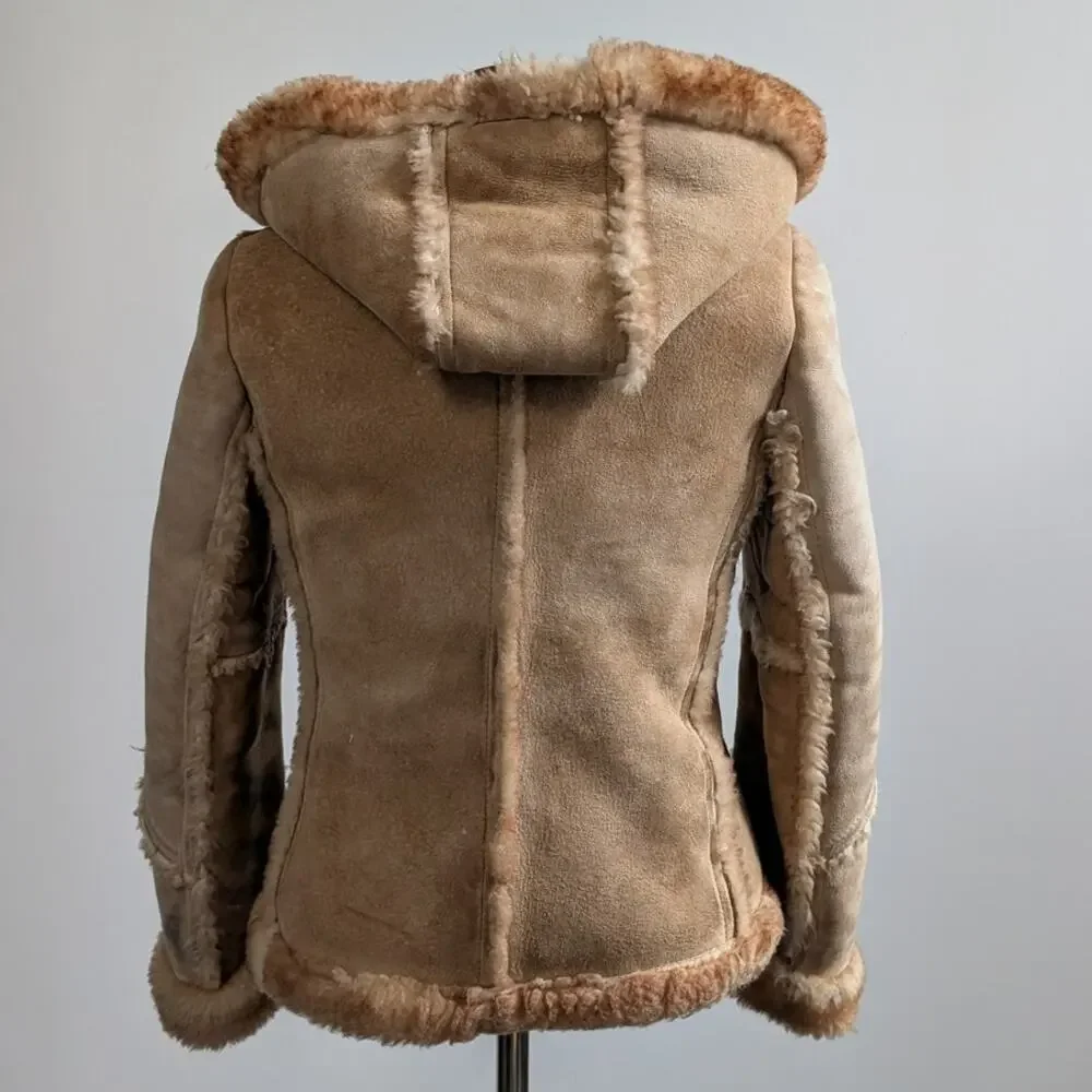 Vintage Tan Suede Shearling Coat Brown Wool Jacket Boho Chic Fur Coat Hood XS - Picture 5 of 12